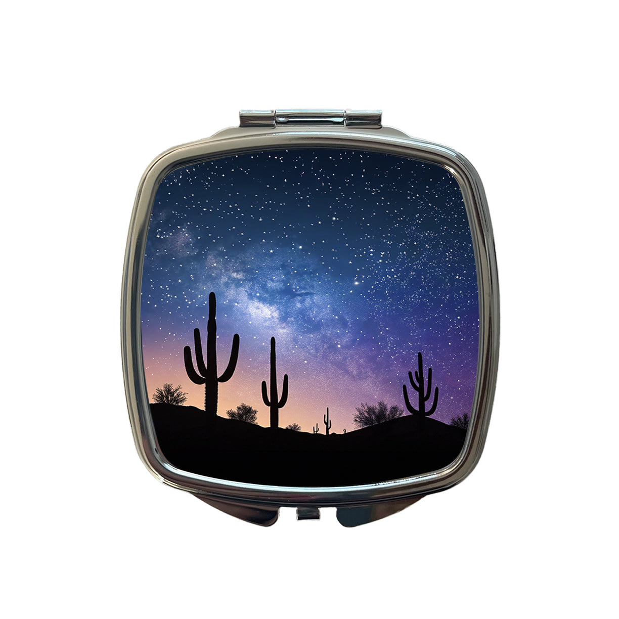 Cactus Silhouettes Starry Sky Silhouettes Shadows Mysterious Small Travel Purse Handbag Pocket Makeup Compact Mirror