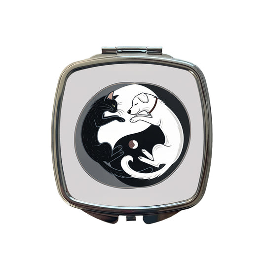 Cat Dog Black White Swirling Yin Yang Small Travel Purse Handbag Pocket Makeup Compact Mirror