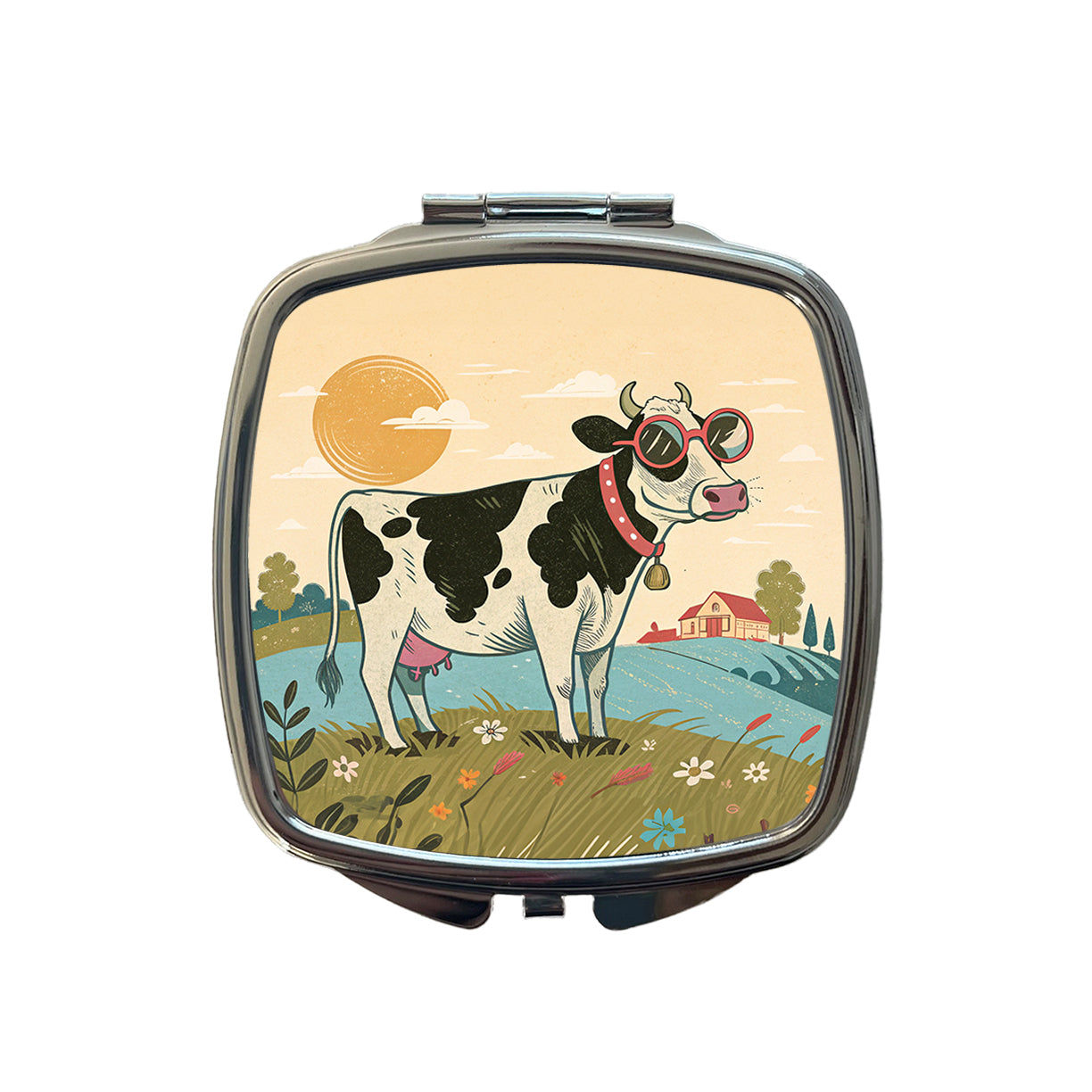 Cool Cow Wearing Sunglasses Retro Illustration Small Travel Purse Handbag Pocket Makeup Compact Mirror