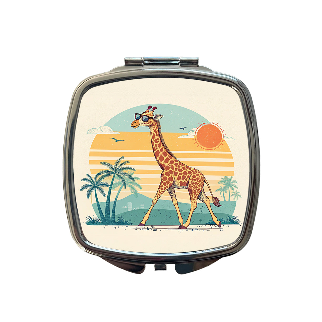 Cool Giraffe Wearing Sunglasses Retro Illustration Sun Small Travel Purse Handbag Pocket Makeup Compact Mirror