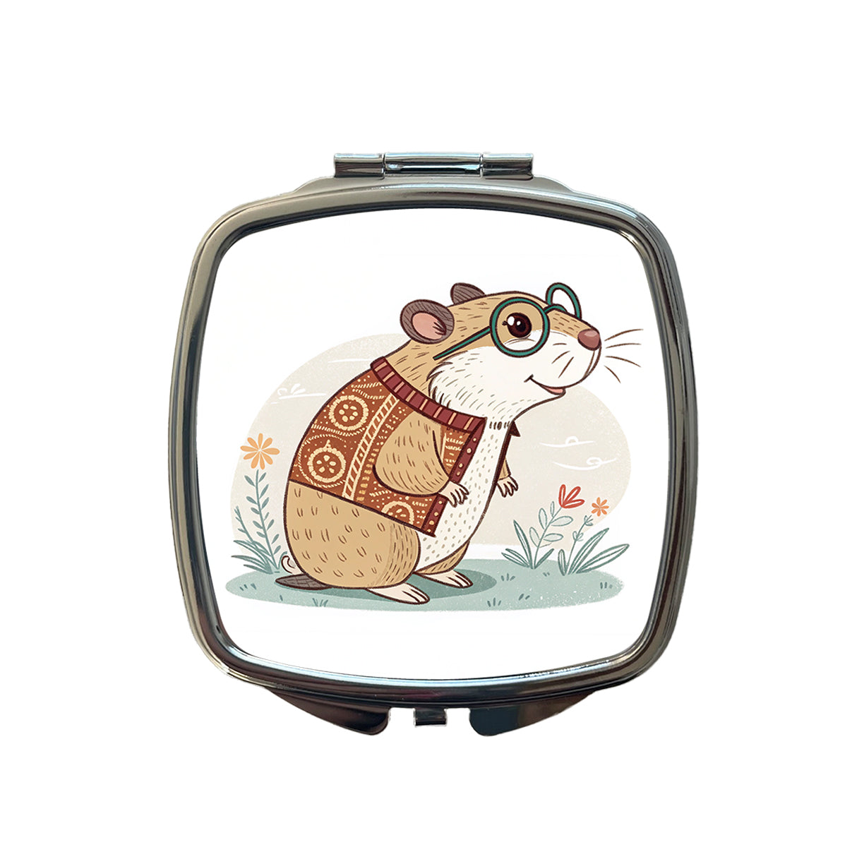 Cool Hamster Wearing Glasses Retro Illustration Cute Small Travel Purse Handbag Pocket Makeup Compact Mirror