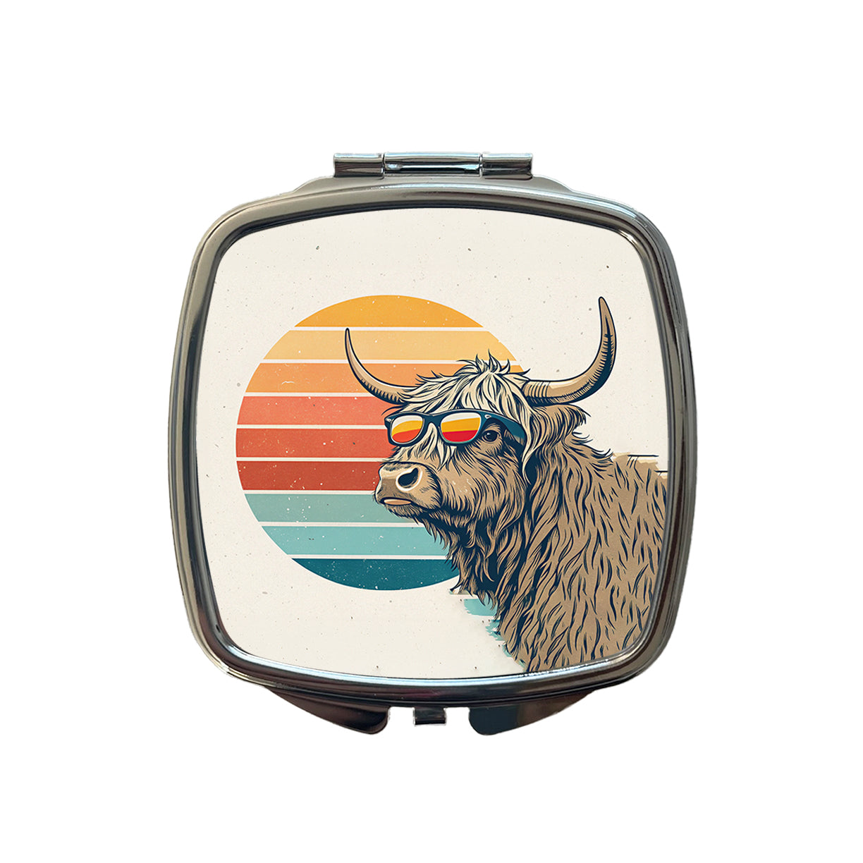 Cool Highland Cow Wearing Sunglasses Retro Illustration Small Travel Purse Handbag Pocket Makeup Compact Mirror