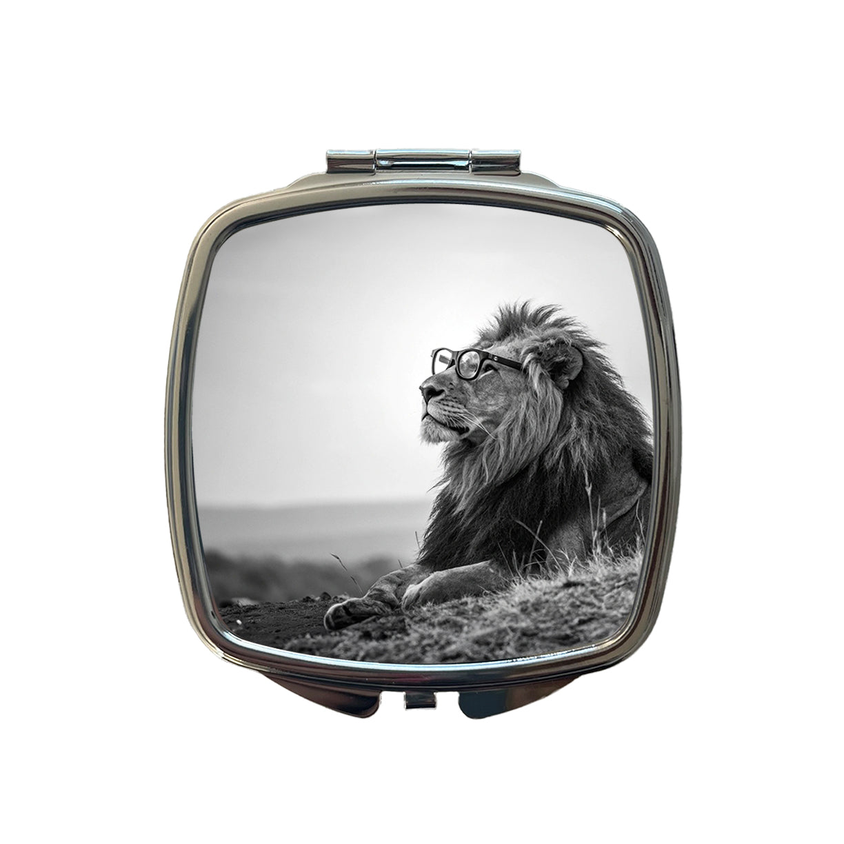 Cool Lion Wearing Glasses Black White Small Travel Purse Handbag Pocket Makeup Compact Mirror