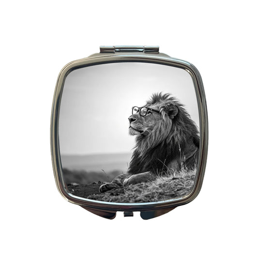 Cool Lion Wearing Glasses Black White Small Travel Purse Handbag Pocket Makeup Compact Mirror