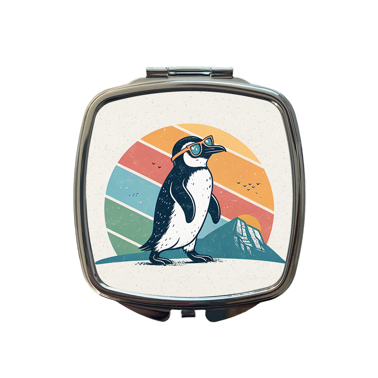 Cool Penguin Wearing Sunglasses Retro Illustration Small Travel Purse Handbag Pocket Makeup Compact Mirror