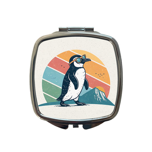 Cool Penguin Wearing Sunglasses Retro Illustration Small Travel Purse Handbag Pocket Makeup Compact Mirror