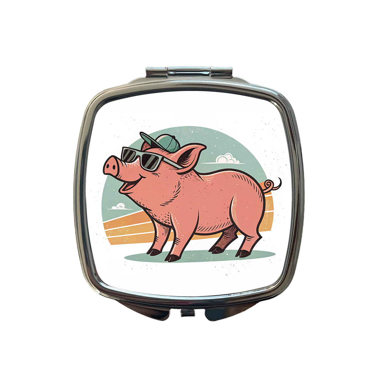 Cool Pig Wearing Sunglasses Retro Illustration Small Travel Purse Handbag Pocket Makeup Compact Mirror