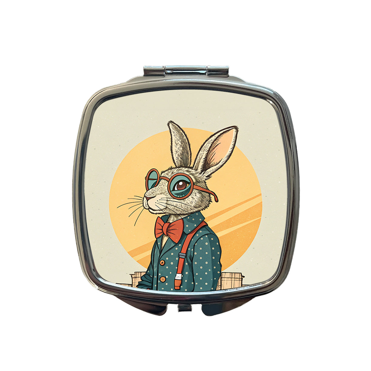 Cool Rabbit Wearing Glasses Retro Small Travel Purse Handbag Pocket Makeup Compact Mirror
