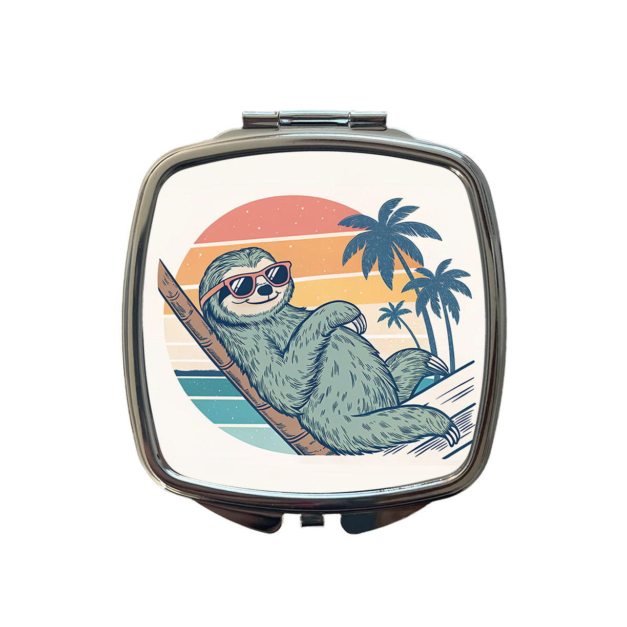 Cool Sloth Wearing Sunglasses Retro Illustration Small Travel Purse Handbag Pocket Makeup Compact Mirror