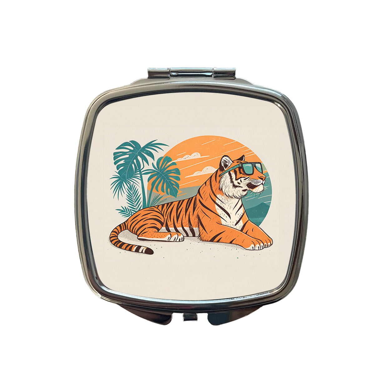 Cool Tiger Wearing Sunglasses Retro Illustration Small Travel Purse Handbag Pocket Makeup Compact Mirror
