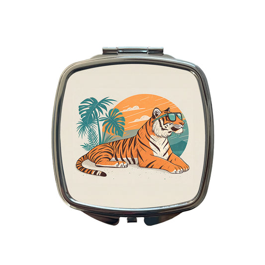 Cool Tiger Wearing Sunglasses Retro Illustration Small Travel Purse Handbag Pocket Makeup Compact Mirror