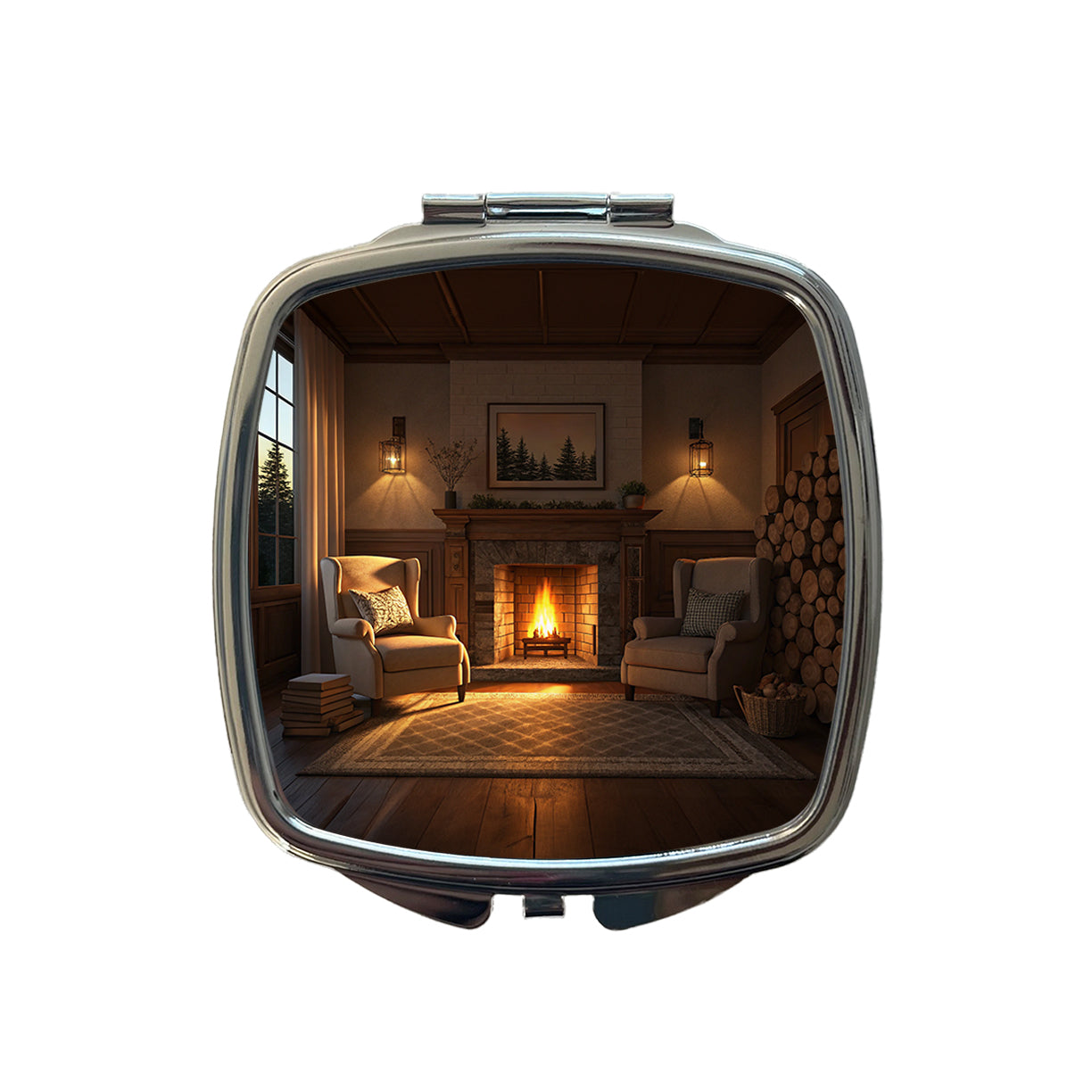 Cozy Fireplace Scene Small Travel Purse Handbag Pocket Makeup Compact Mirror