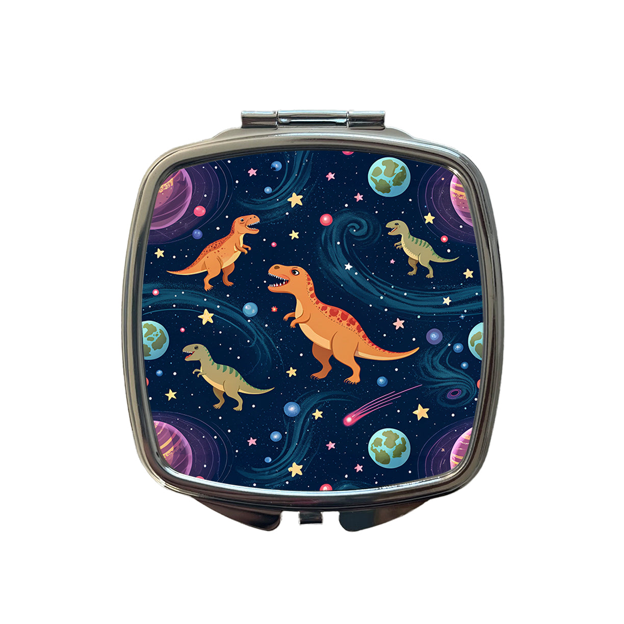 Dinosaurs Floating In Space Galaxy Planets Small Travel Purse Handbag Pocket Makeup Compact Mirror