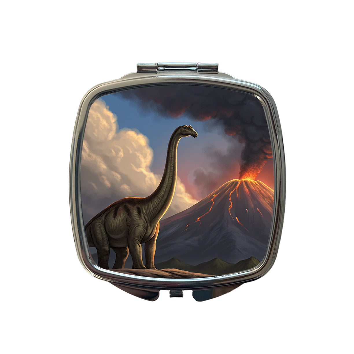 Diplodocus Volcano Erupting Dinosaur Small Travel Purse Handbag Pocket Makeup Compact Mirror