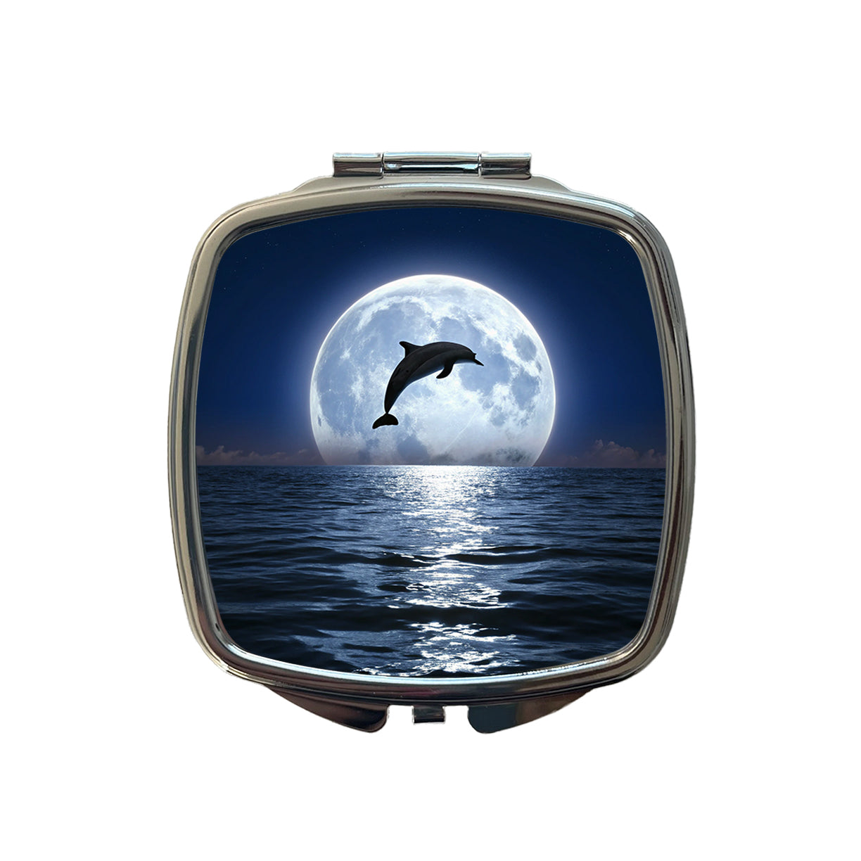 Dolphin Leaping Over Ocean Sea Full Moon Small Travel Purse Handbag Pocket Makeup Compact Mirror