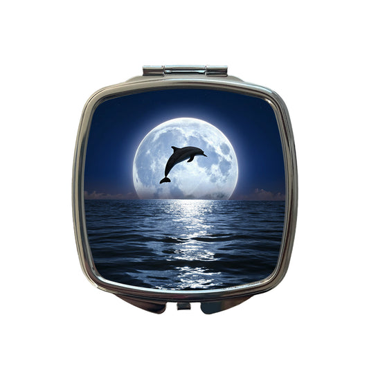 Dolphin Leaping Over Ocean Sea Full Moon Small Travel Purse Handbag Pocket Makeup Compact Mirror