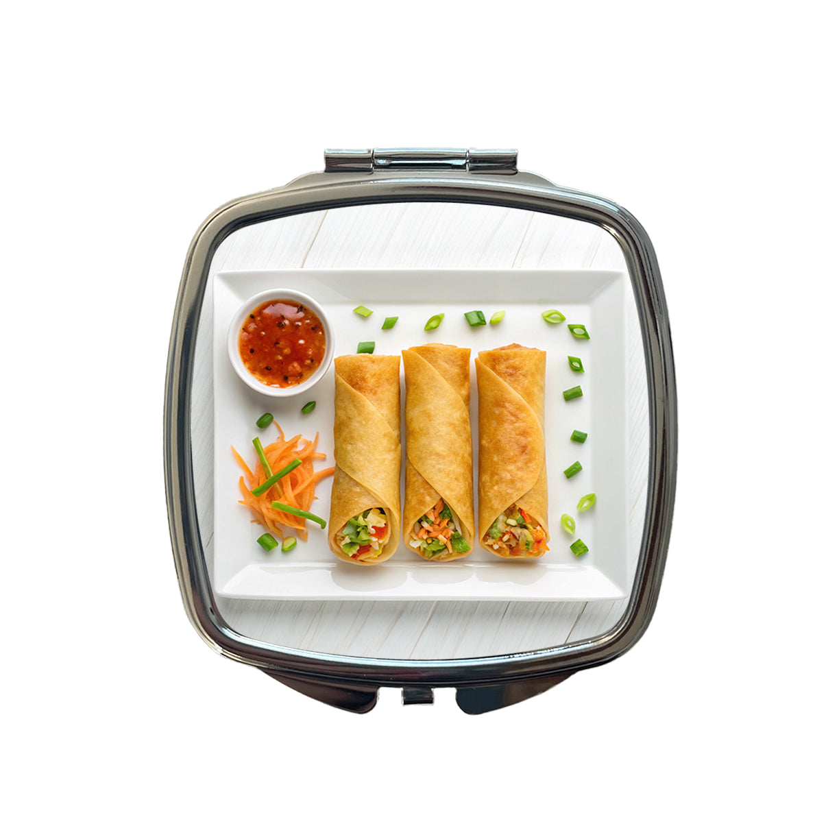 Egg Spring Rolls On Plate Small Travel Purse Handbag Pocket Makeup Compact Mirror
