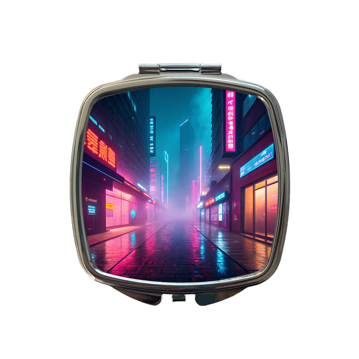 Futuristic City Alley Night Glowing Signs Misty Small Travel Purse Handbag Pocket Makeup Compact Mirror