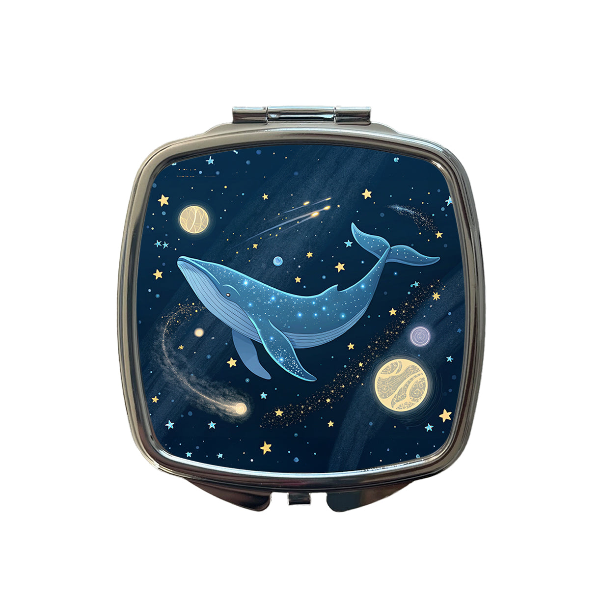 Giant Whale Floating In Space Stars Planets Small Travel Purse Handbag Pocket Makeup Compact Mirror
