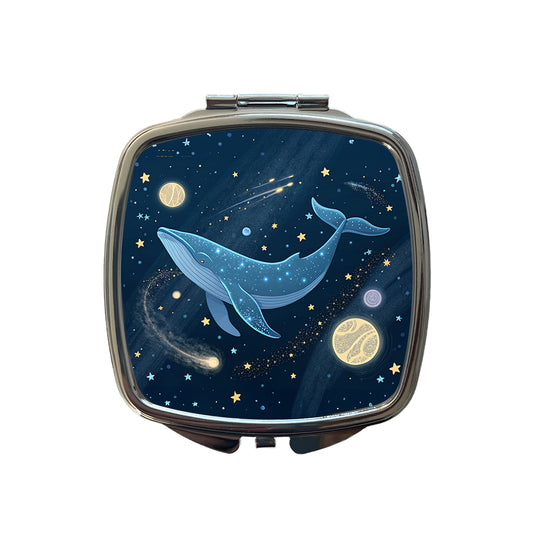 Giant Whale Floating In Space Stars Planets Small Travel Purse Handbag Pocket Makeup Compact Mirror