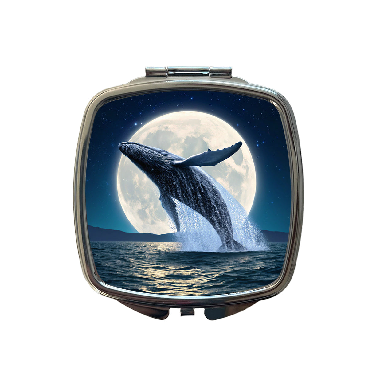 Giant Whale Leaping Over Ocean Moon Small Travel Purse Handbag Pocket Makeup Compact Mirror