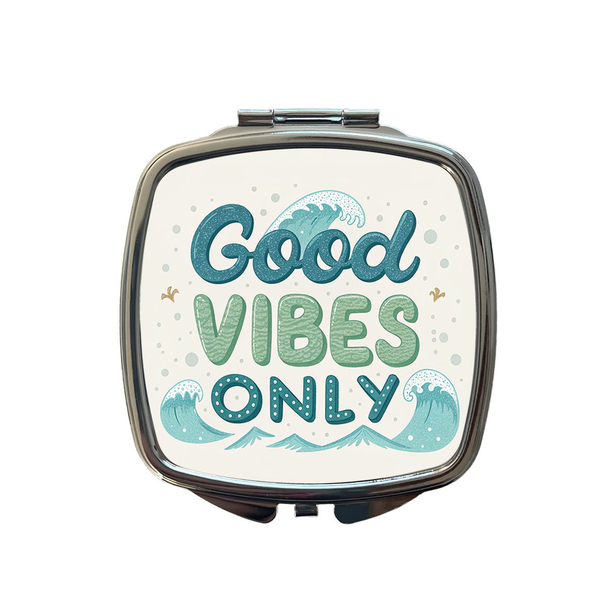 Good Vibes Only Sea Foam Ocean Waves Beach Small Travel Purse Handbag Pocket Makeup Compact Mirror