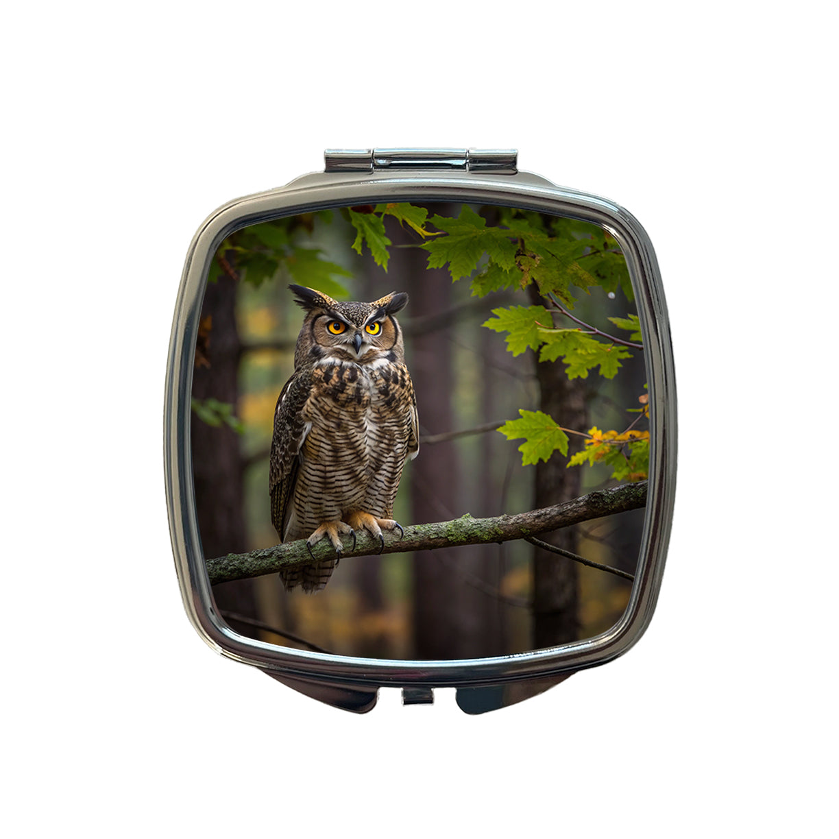 Great Horned Owl In Forest Small Travel Purse Handbag Pocket Makeup Compact Mirror