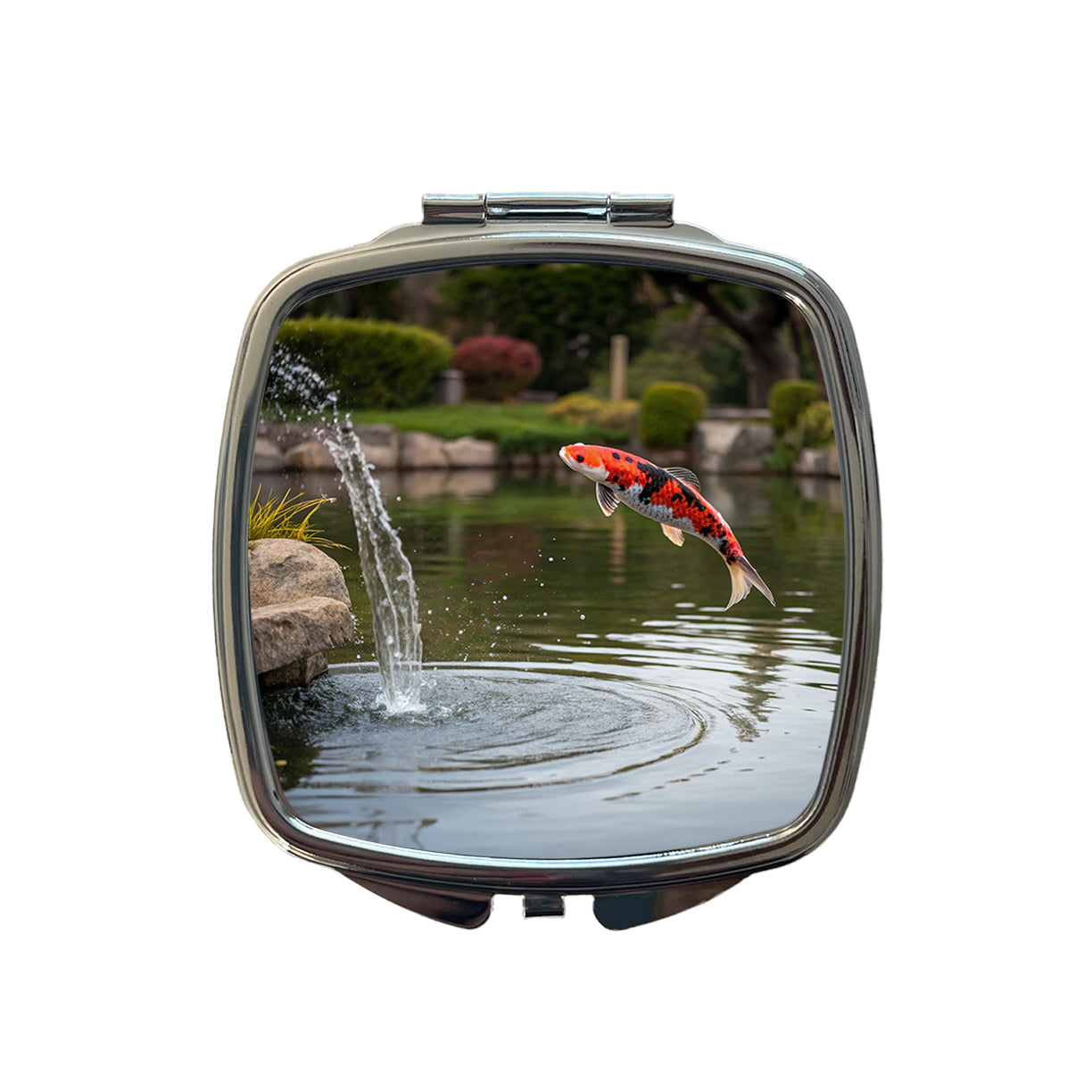 Koi Fish Jumping Out Of Pond Small Travel Purse Handbag Pocket Makeup Compact Mirror
