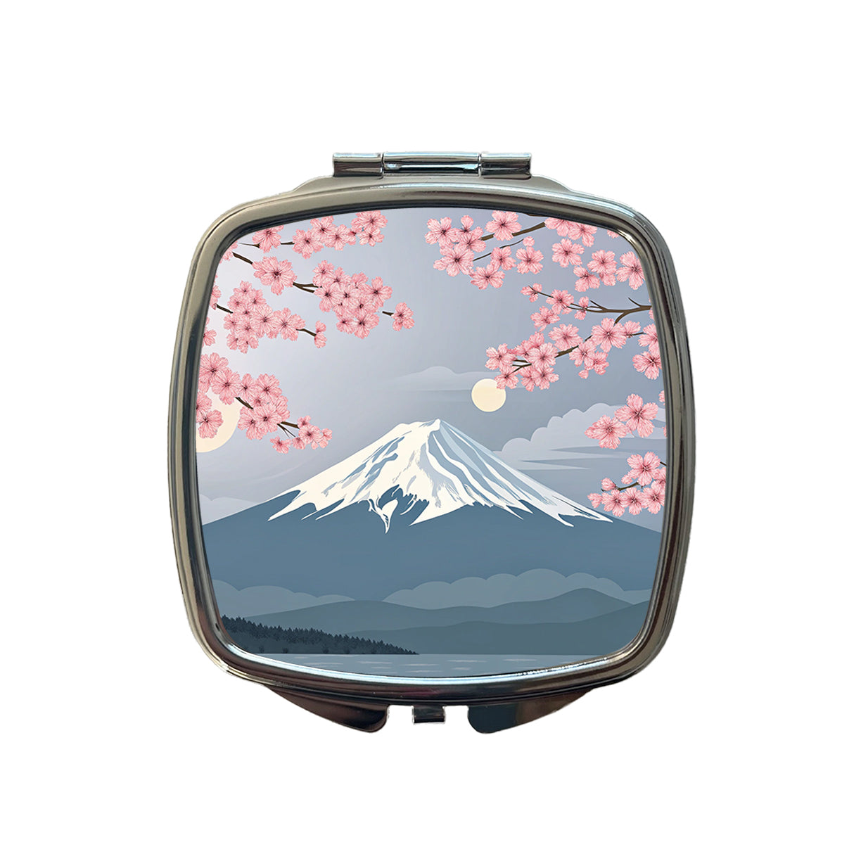 Mount Fuji Japan Drawing Cherry Blossoms Beautiful Small Travel Purse Handbag Pocket Makeup Compact Mirror