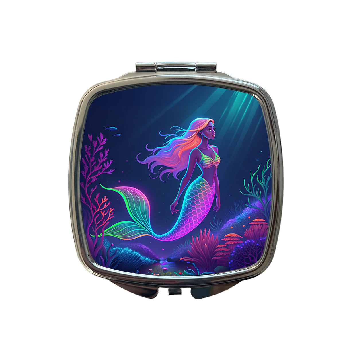 Neon Mermaid Ocean Small Travel Purse Handbag Pocket Makeup Compact Mirror