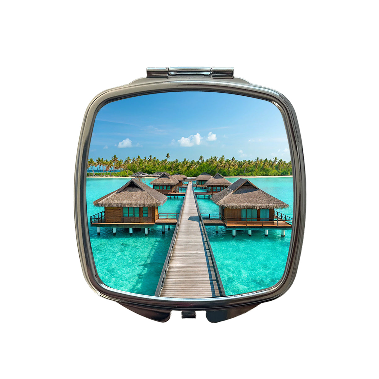 Over Water Bungalows Stunning Tropical Island Small Travel Purse Handbag Pocket Makeup Compact Mirror