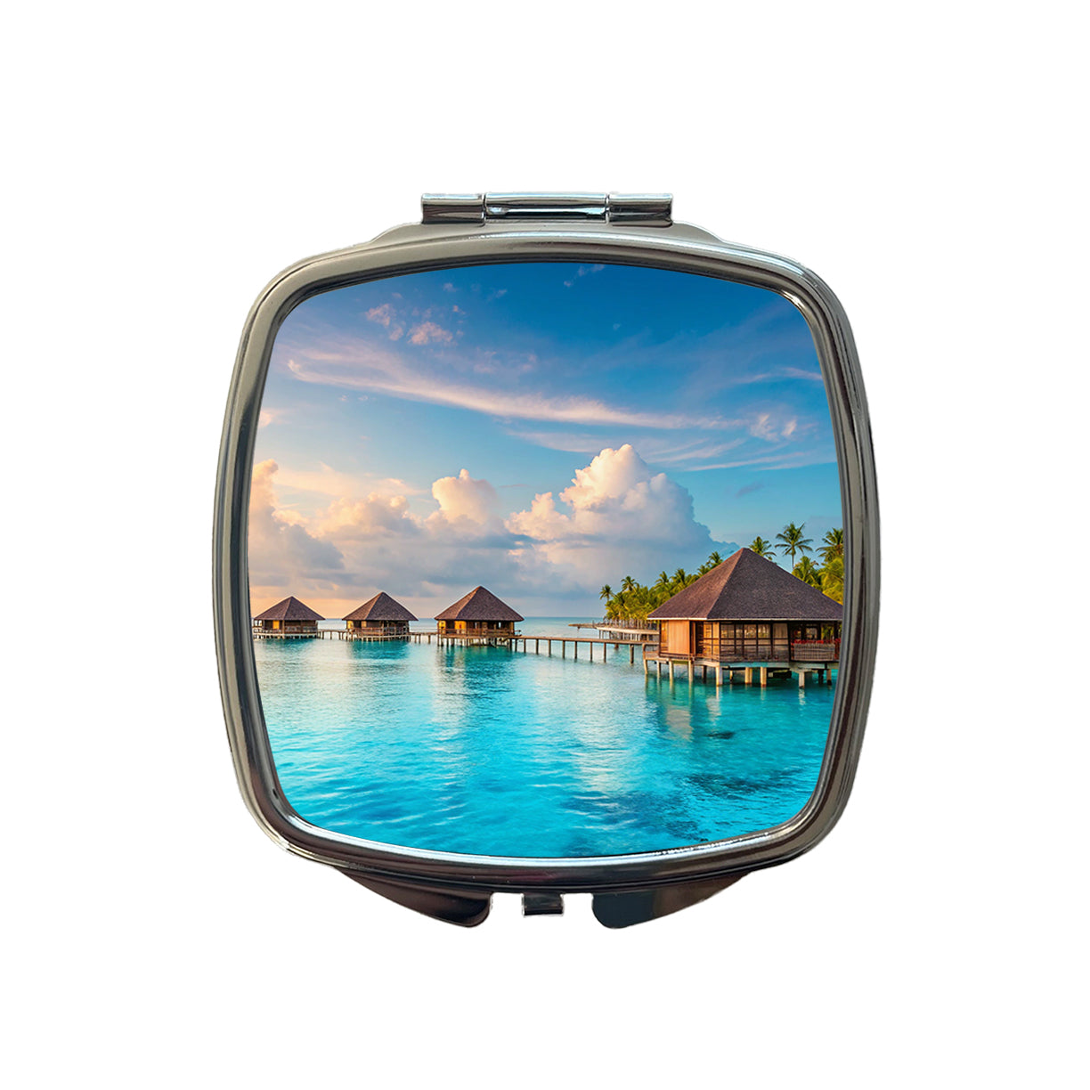Over Water Bungalows Tropical Paradise Small Travel Purse Handbag Pocket Makeup Compact Mirror