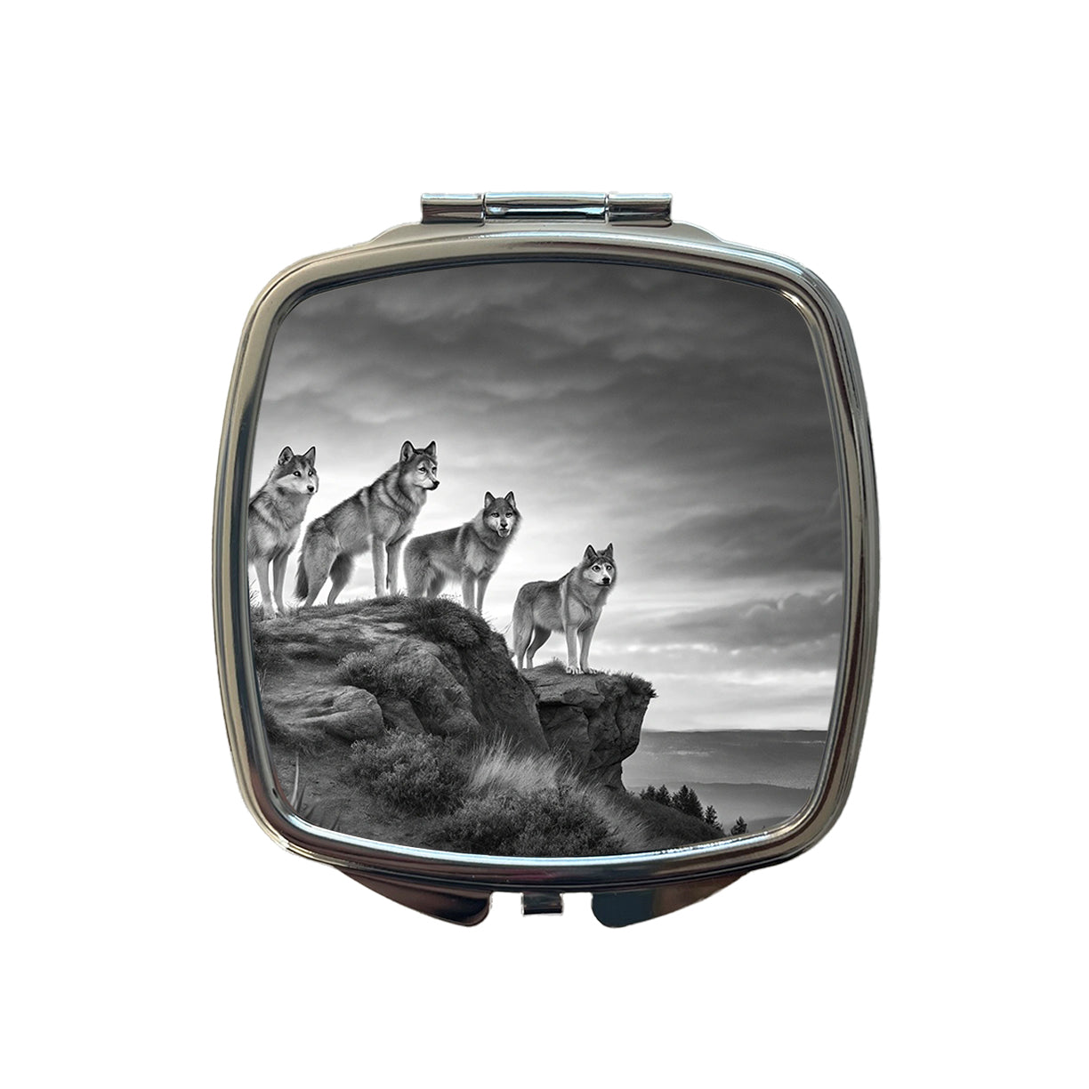 Pack Of Wolves On A Cliff Black White Small Travel Purse Handbag Pocket Makeup Compact Mirror