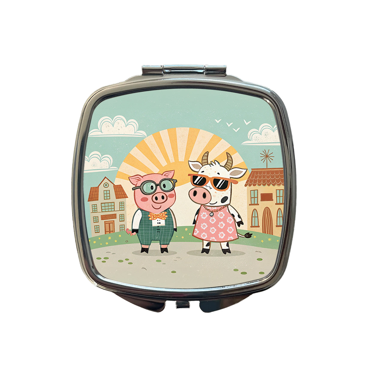 Pig And Cow Wearing Glasses Sunglasses Small Travel Purse Handbag Pocket Makeup Compact Mirror