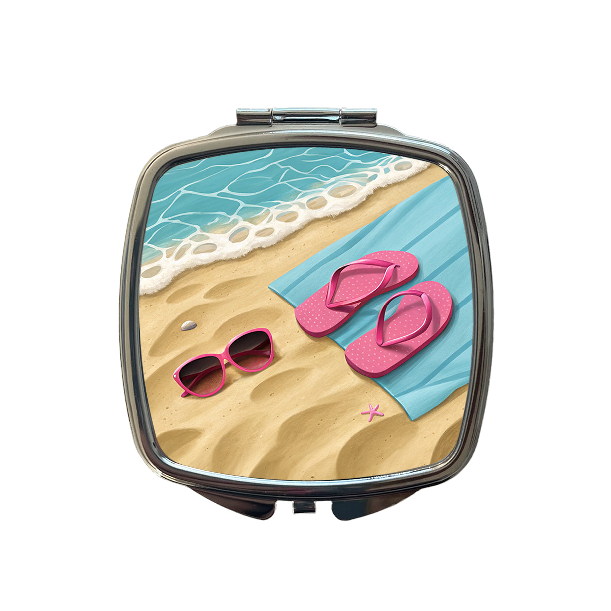Pink Sunglasses Flip Flops Towel On Sand Beach Small Travel Purse Handbag Pocket Makeup Compact Mirror