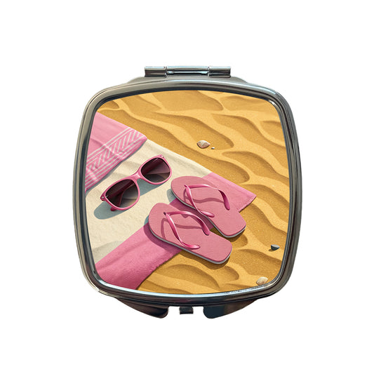Pink Sunglasses Flip Flops Towel On Sand Cute Small Travel Purse Handbag Pocket Makeup Compact Mirror