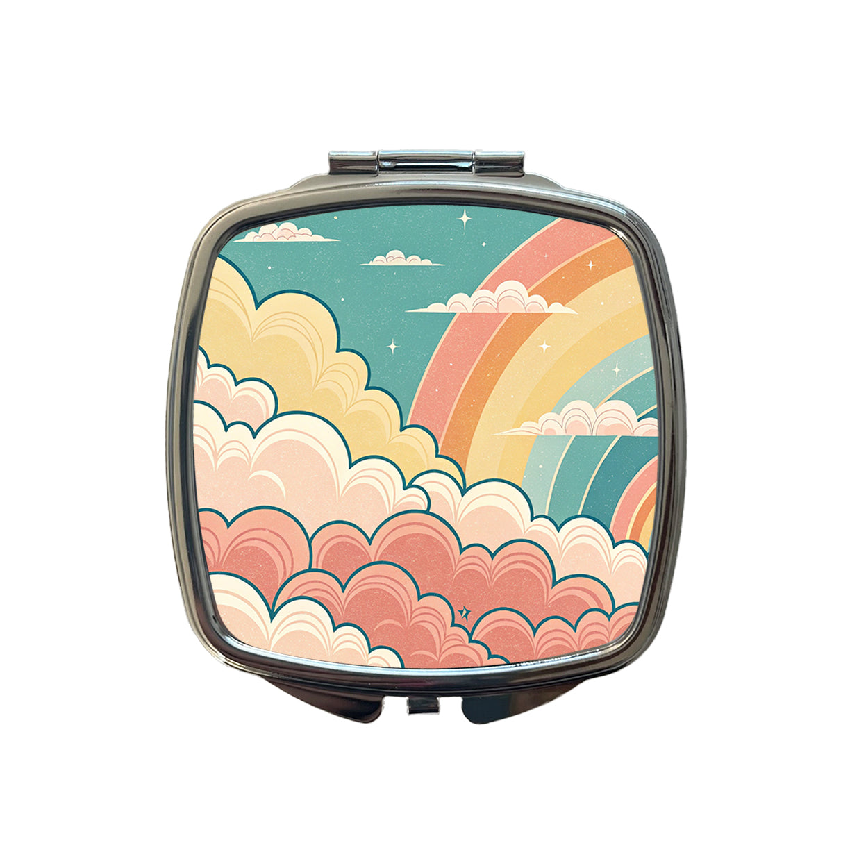 Repeating Puffy Clouds Retro Cute Rainbow Small Travel Purse Handbag Pocket Makeup Compact Mirror