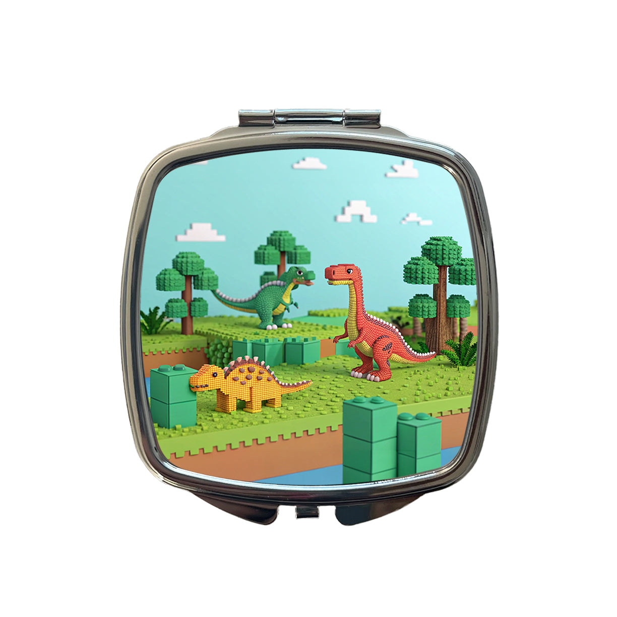 Retro 8 Bit Pixel Art Style Dinosaurs Roaming Small Travel Purse Handbag Pocket Makeup Compact Mirror
