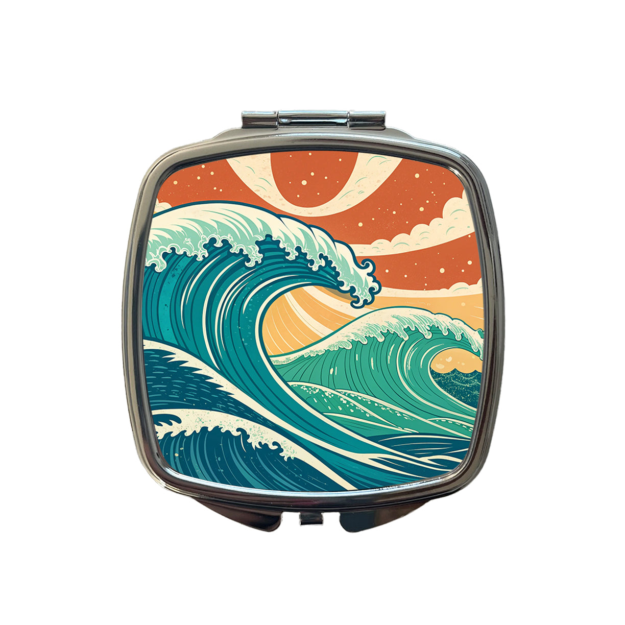Retro Ocean Waves Colorful Drawing Small Travel Purse Handbag Pocket Makeup Compact Mirror