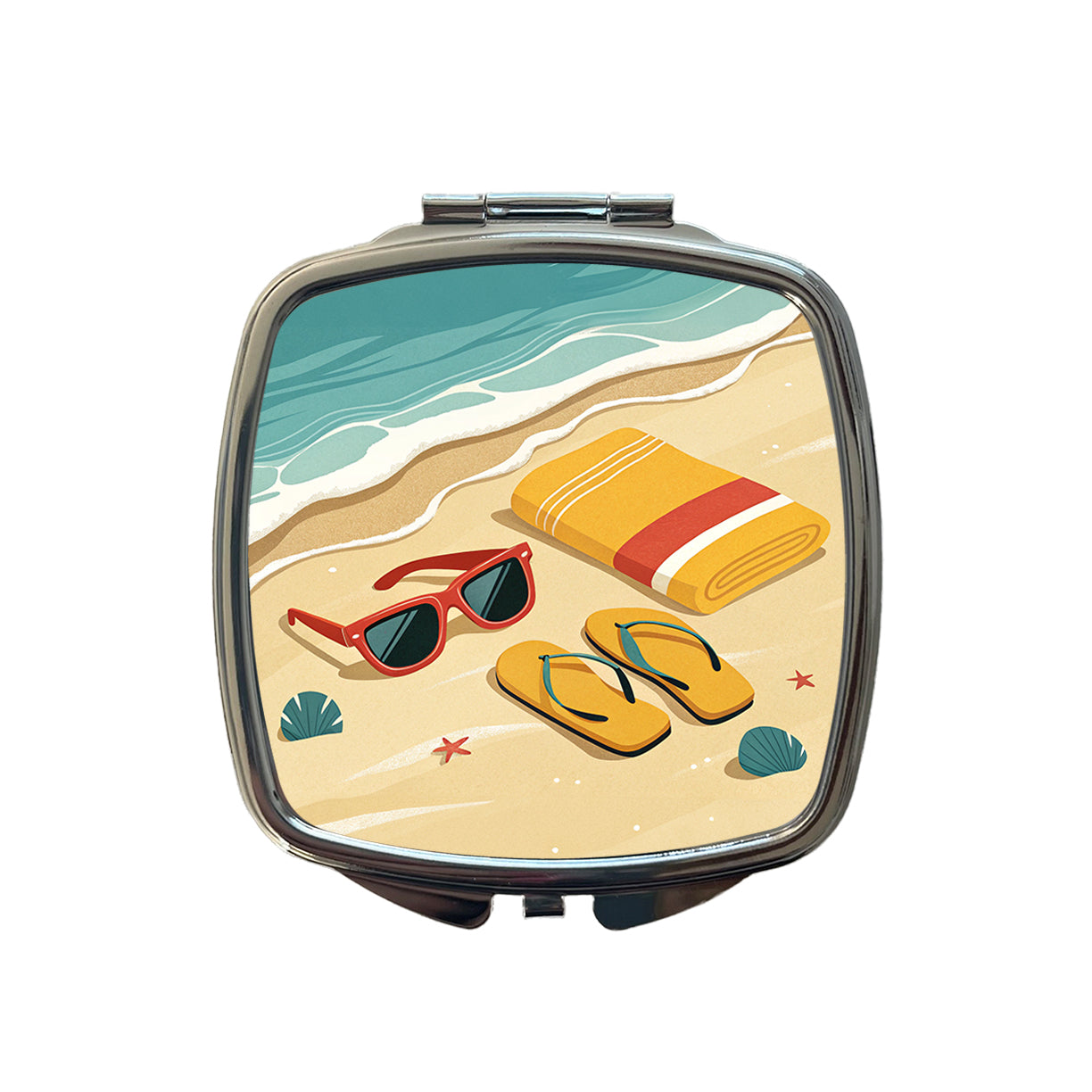 Retro Style Sunglasses Flip Flops Towel On Sandy Beach Small Travel Purse Handbag Pocket Makeup Compact Mirror