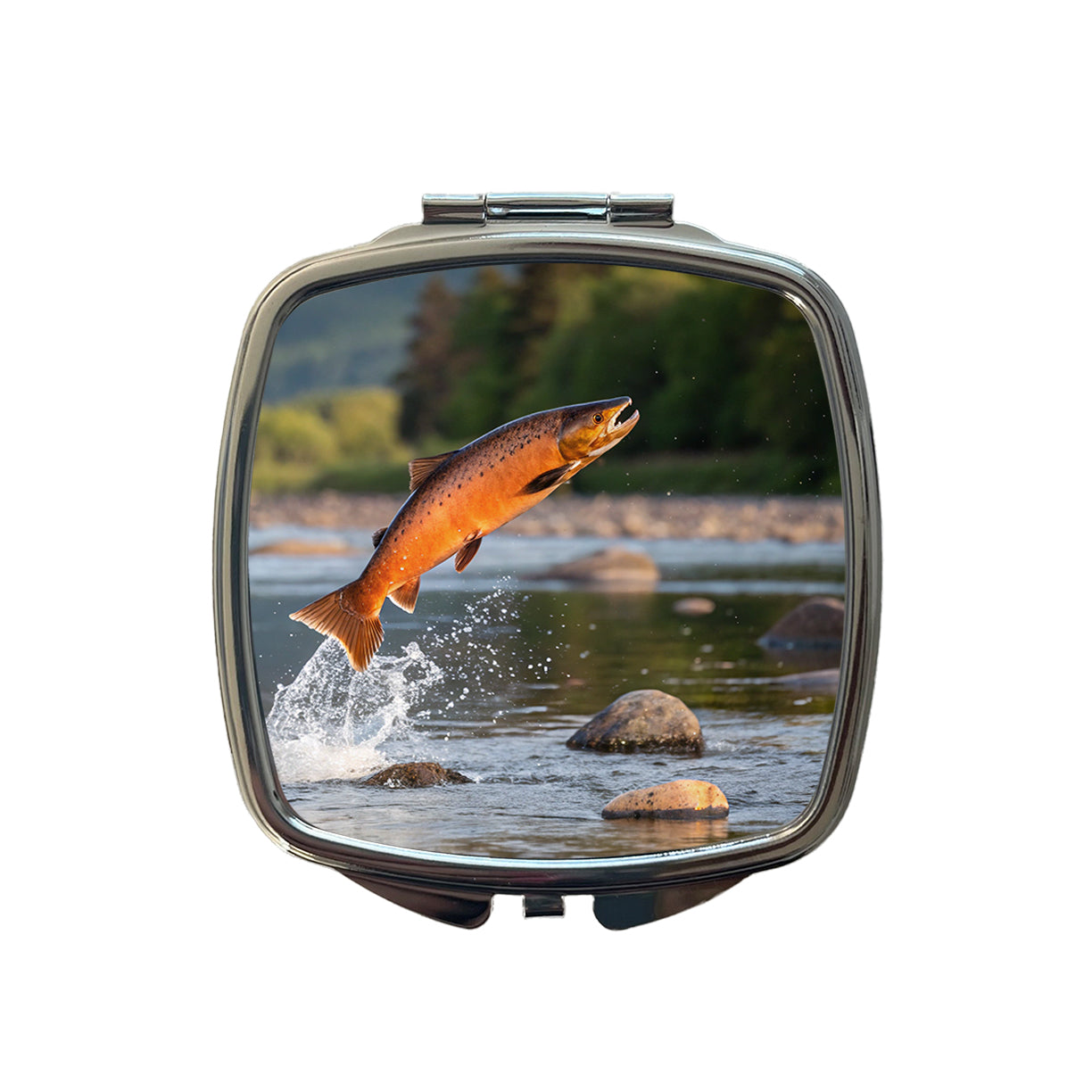 Salmon Fish Jumping River Fishing Small Travel Purse Handbag Pocket Makeup Compact Mirror