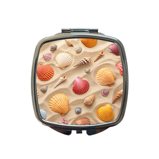Seashell Collage On Sandy Background Beach Small Travel Purse Handbag Pocket Makeup Compact Mirror