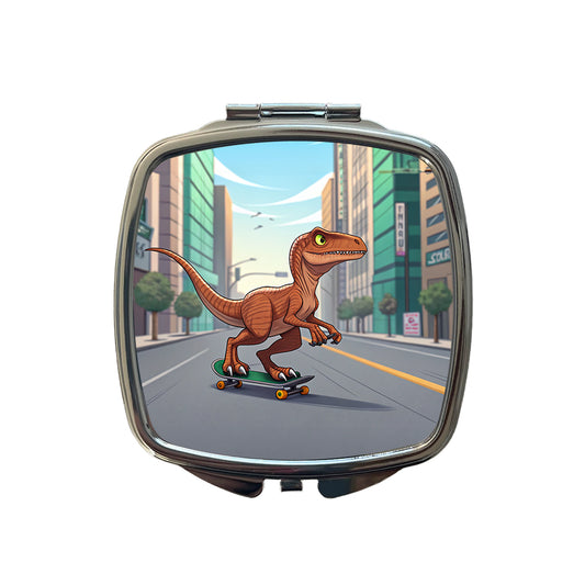 Skateboarding Raptor Dinosaur Small Travel Purse Handbag Pocket Makeup Compact Mirror