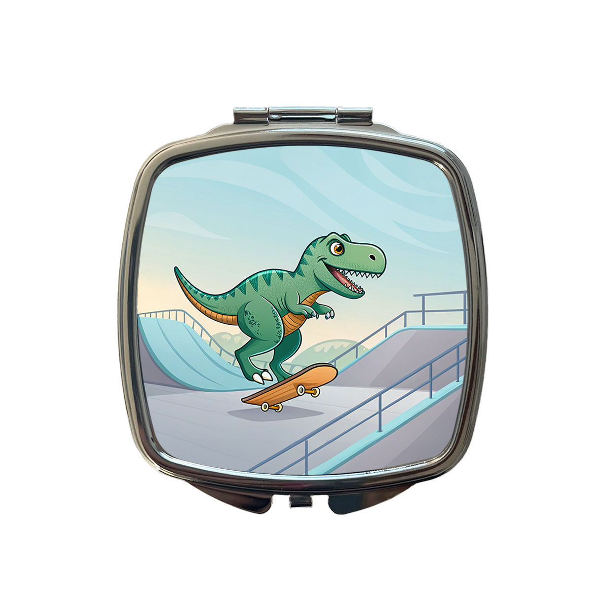 Skateboarding Tyrannosaurus Rex Dinosaur Cute Small Travel Purse Handbag Pocket Makeup Compact Mirror