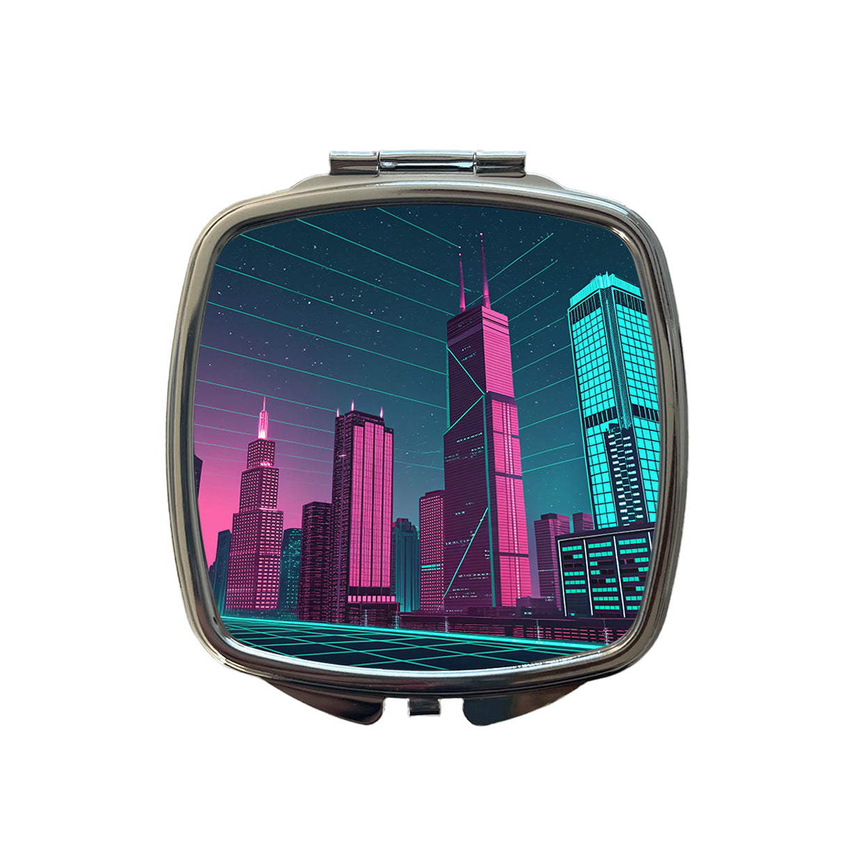 Skyscrapers Lit Pink Teal Glitch Effects Small Travel Purse Handbag Pocket Makeup Compact Mirror