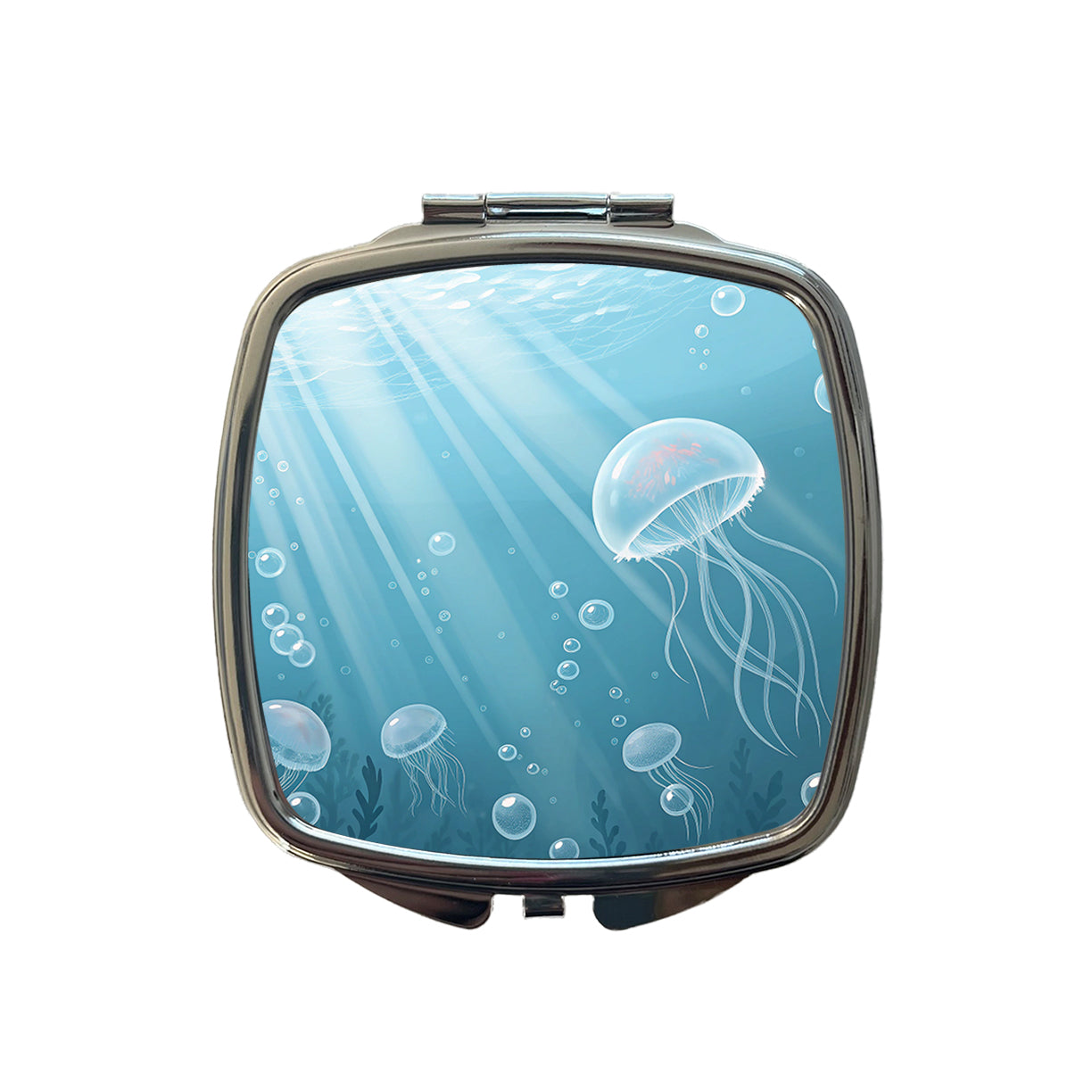 Soft Blue Tones Floating Jellyfish Bubbles Ocean Small Travel Purse Handbag Pocket Makeup Compact Mirror