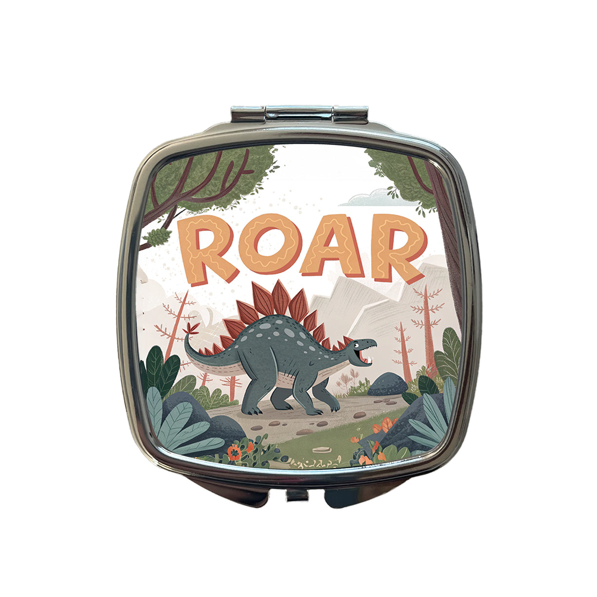 Stegosaurus With Roar Bold Text Dinosaur Small Travel Purse Handbag Pocket Makeup Compact Mirror