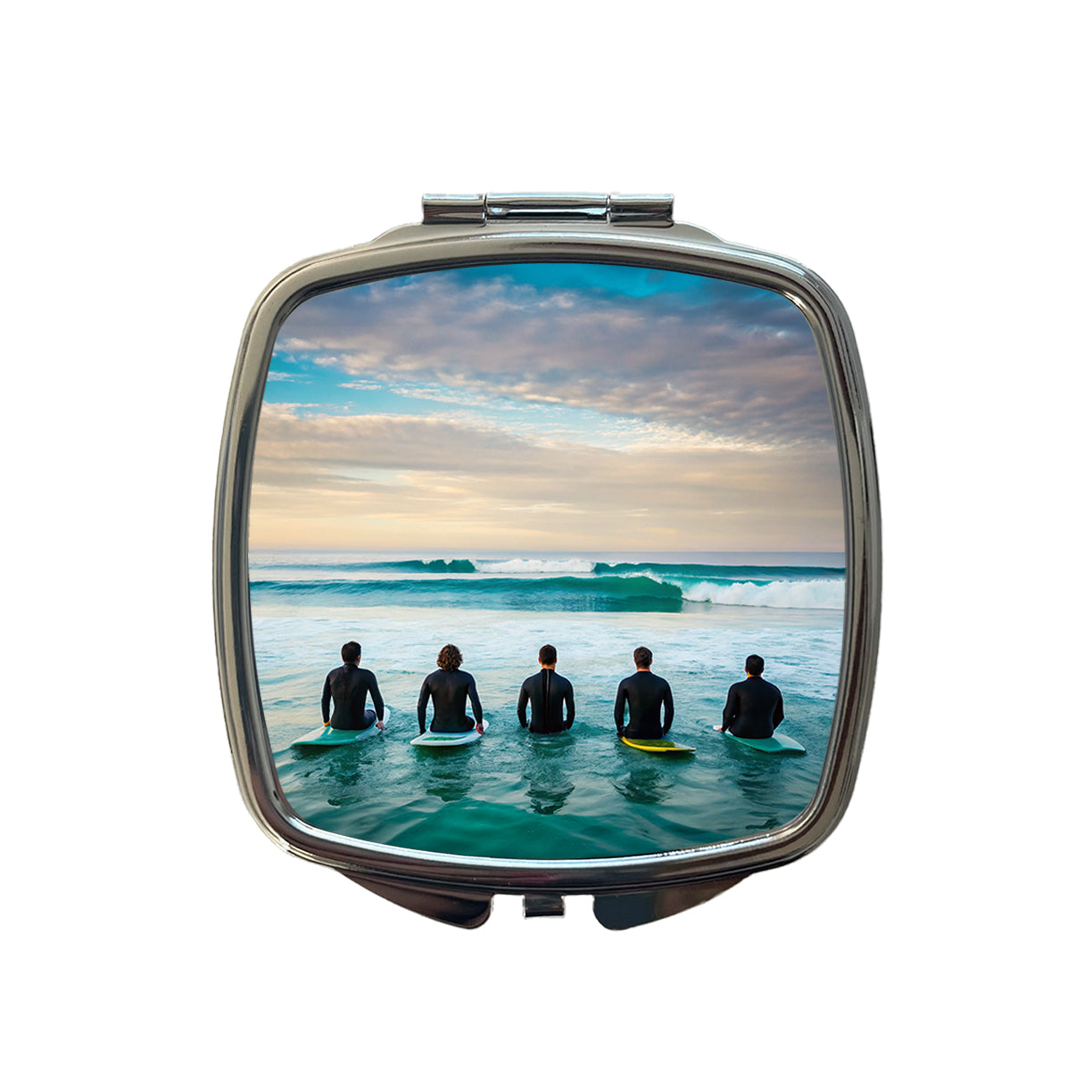 Surfing Surfers Surfboards Lineup Ocean Small Travel Purse Handbag Pocket Makeup Compact Mirror