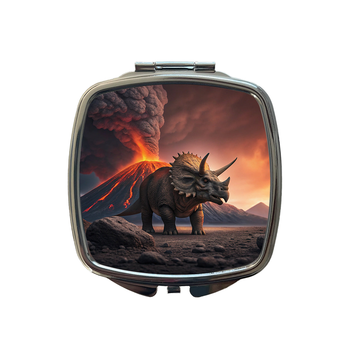 Triceratops Volcano Erupting Dinosaur Small Travel Purse Handbag Pocket Makeup Compact Mirror