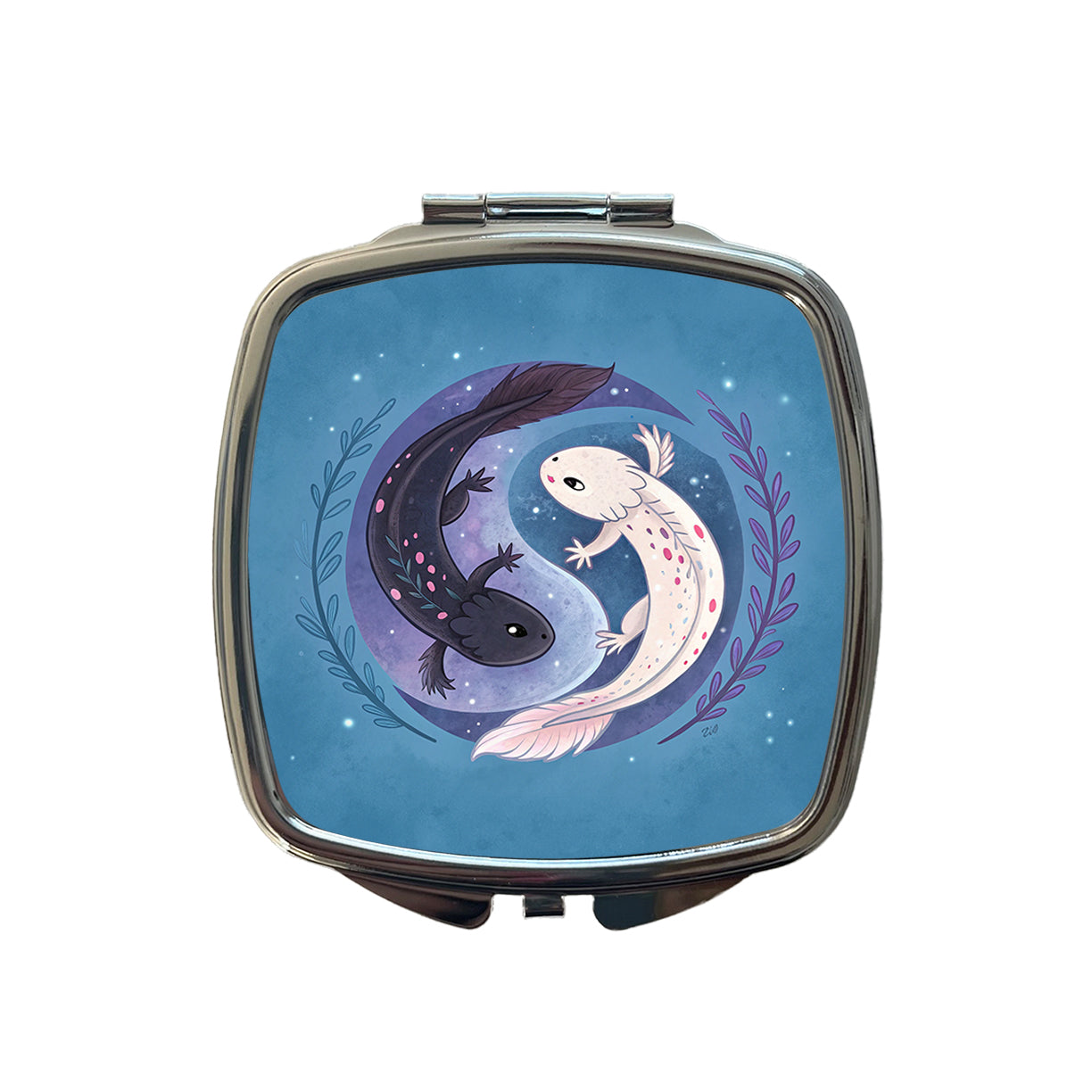 Two Axolotl Yin Yang Small Travel Purse Handbag Pocket Makeup Compact Mirror
